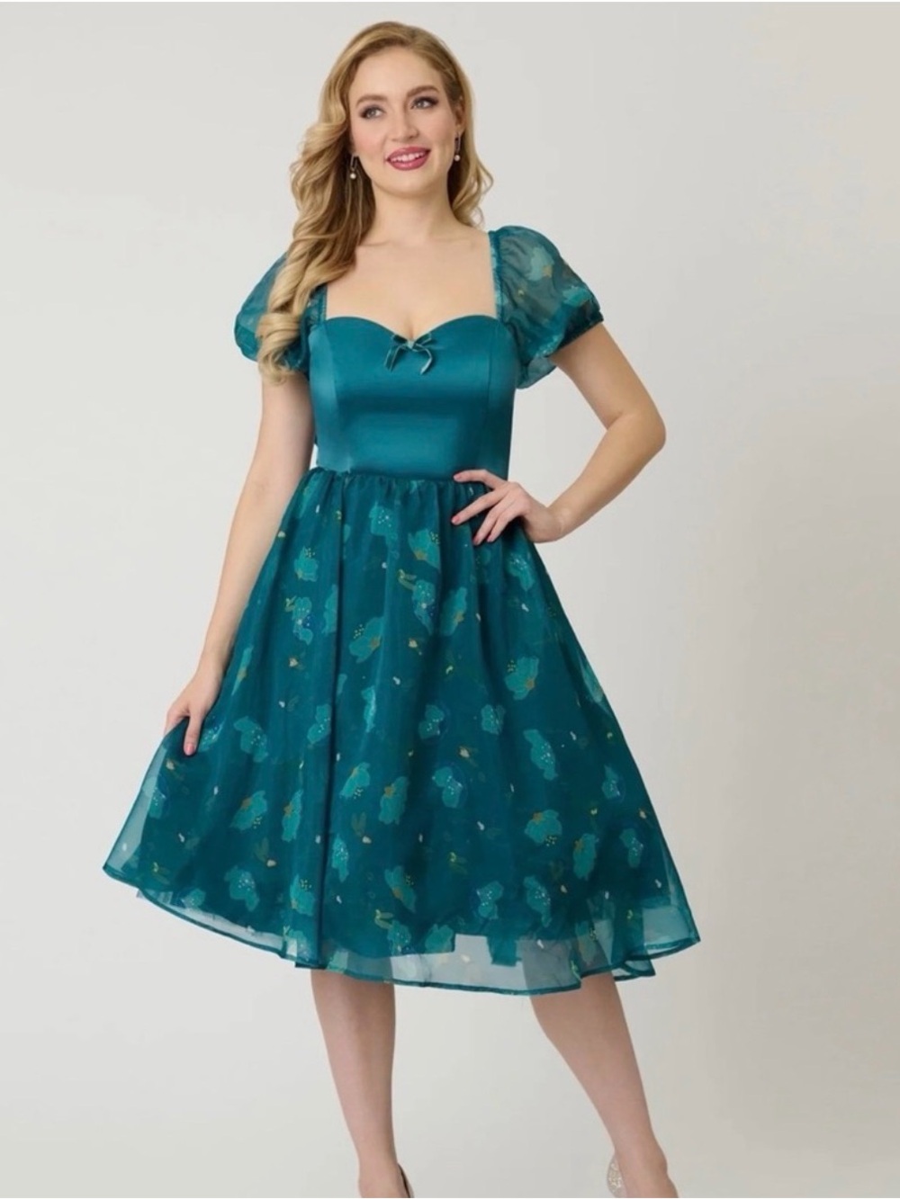 Disney Fantasia Teal Puff-Sleeve Fit & Flare Dress - Large